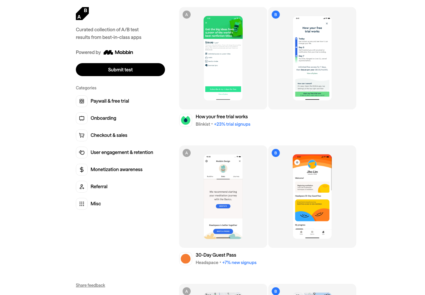 abtest.design A/B test 案例庫截圖